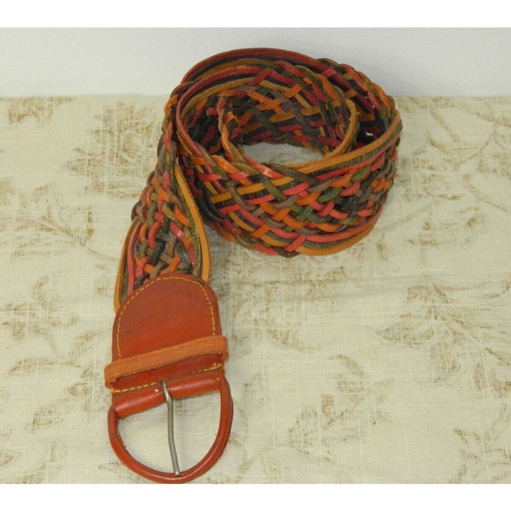 Genuine Leather  Belt Orange Brown Yellow Braided  Boho Chic‎  Size Small